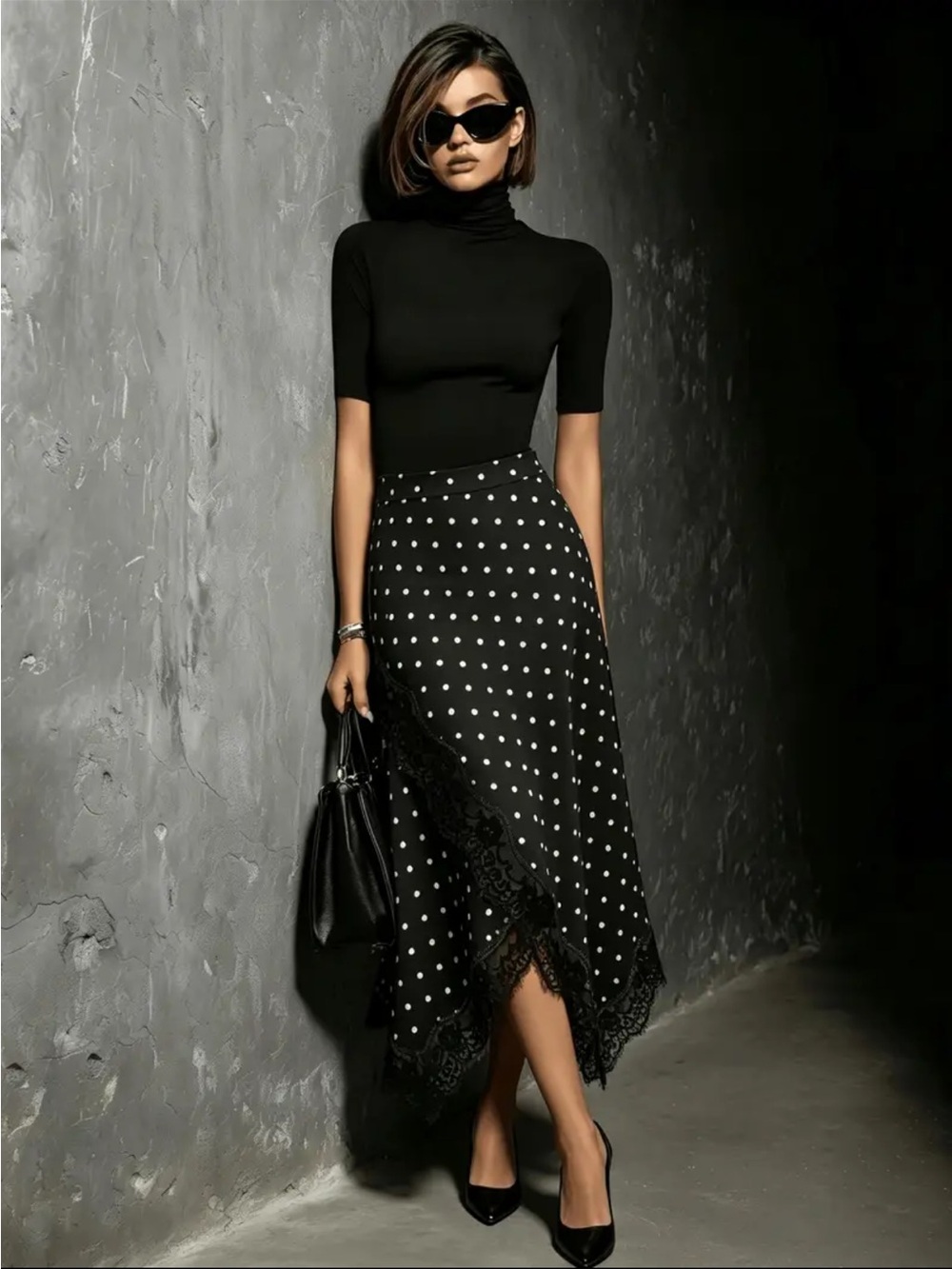 Black Polka Dot Lace Hem A-Line Skirt. NWOT.